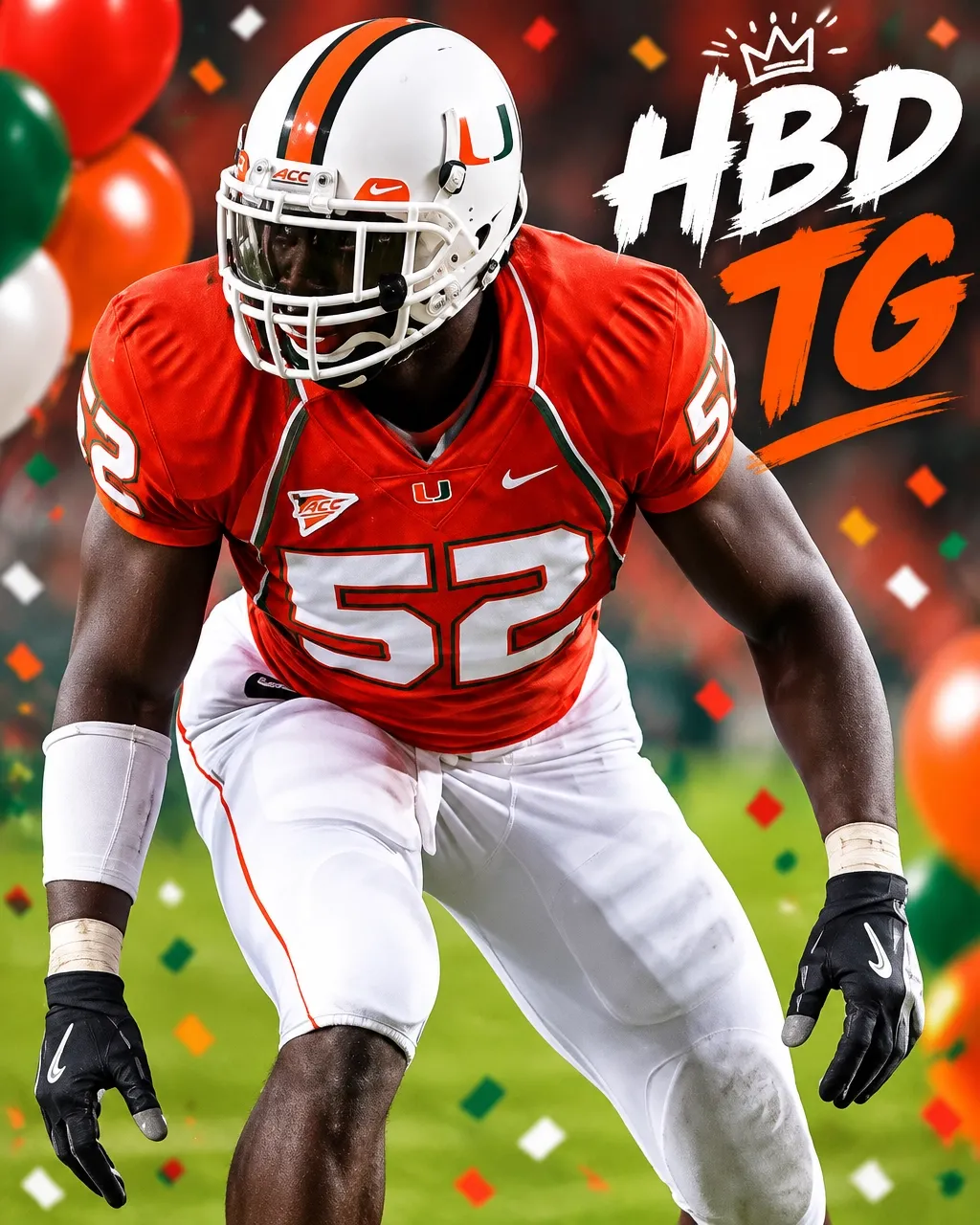 Miami Hurricanes orange and green HBD TG birthday graphic featuring number 52